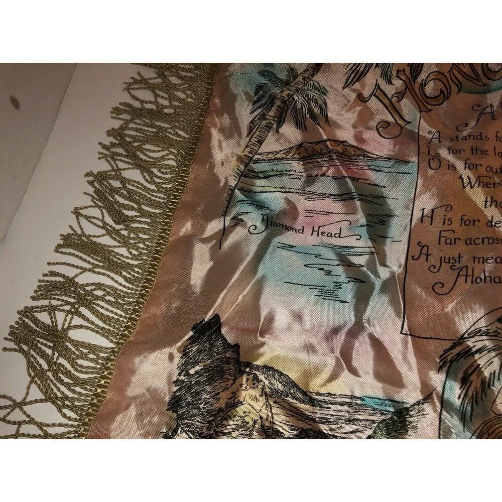 Vintage Honolulu Hawaii Satin Souvenir Pillow Cover Fringe Aloha Mid Century